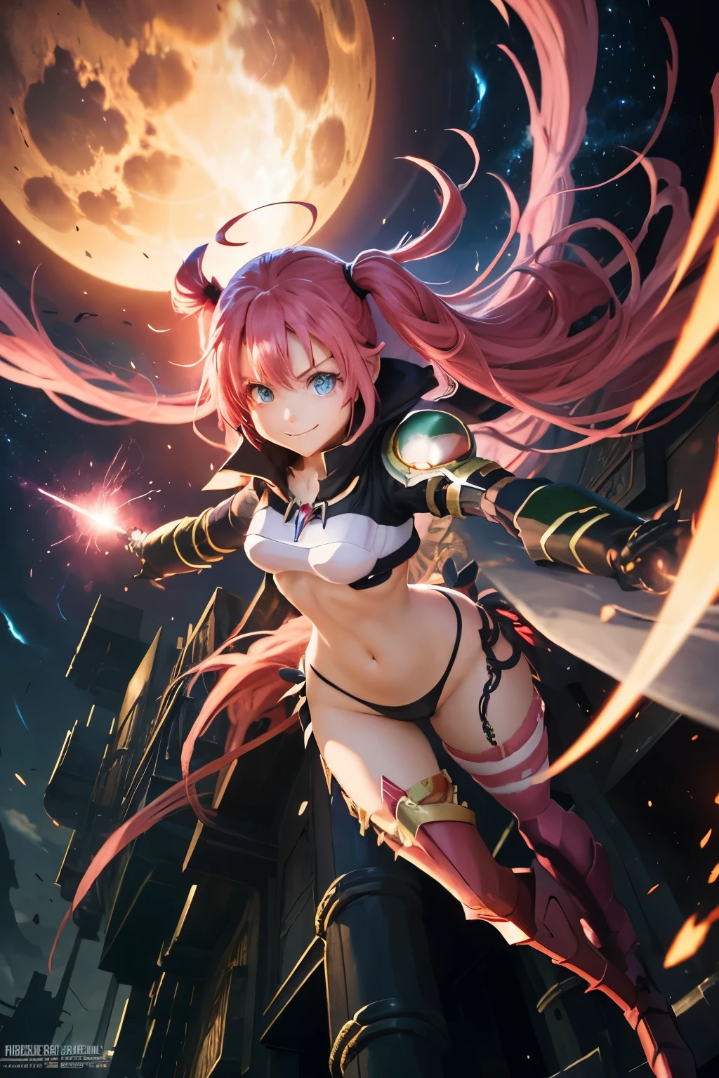 (best quality,highres:1.2), detailed fantasy art,serious expression, robot-like eyes, long black hair, evil smile, fighting stance, milim de tensei shitara slime datta ken, el cabello es rosa, los ojos son de robot, detailed fantasy art, postura de lucha, cuerpo completo, fuego alrededor, It's night and there is lightning in the sky, milim tiene un aura de dios, red lens flare