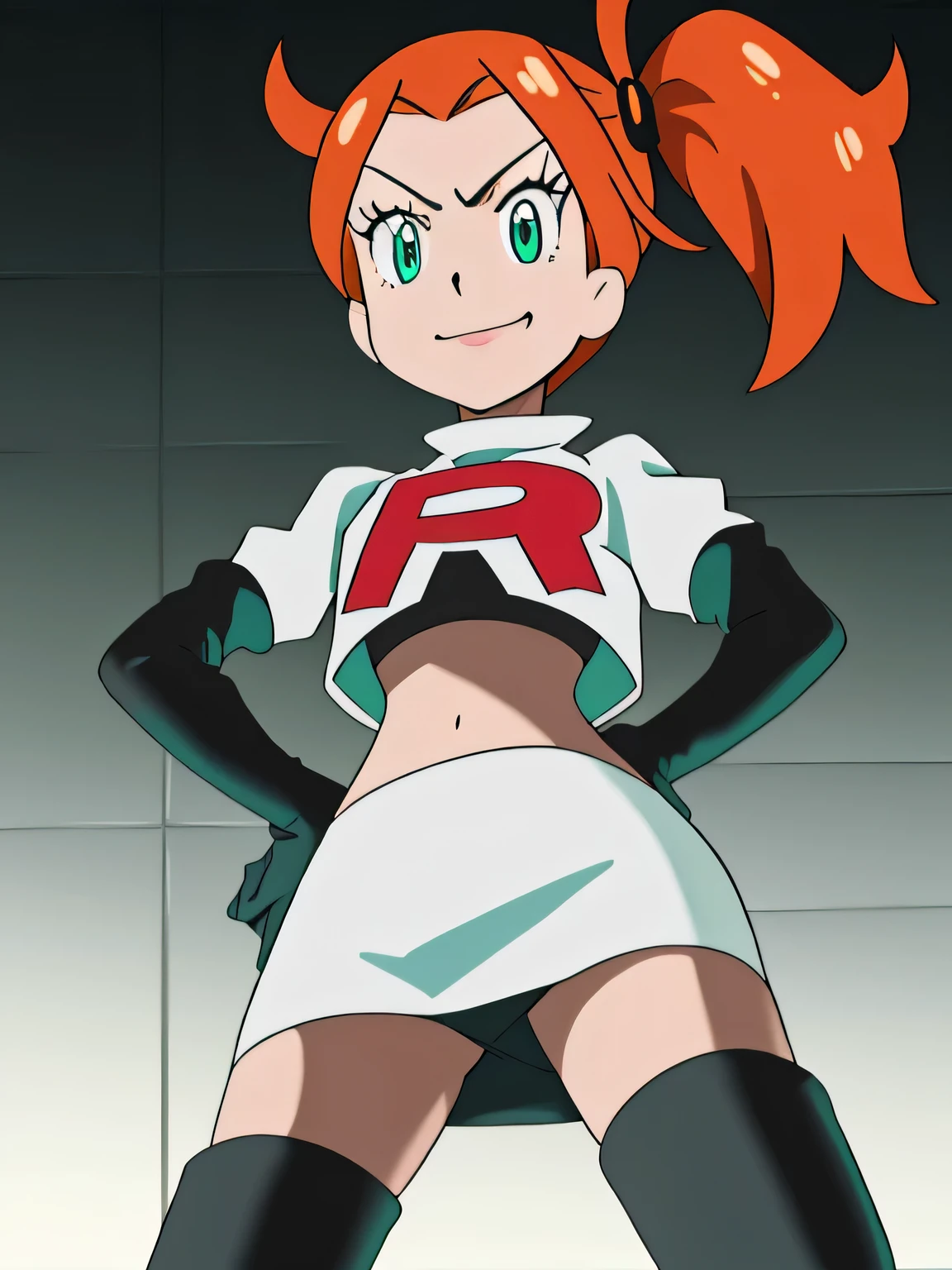 1girl, solo ,sonia, side ponytail,orange hair, heart hair ornaments, aqua eyes ,glossy lips, earings ,team rocket uniform, red letter R, white skirt,white crop top,black thigh-high boots, black elbow gloves, closed mouth, evil smile8k, masterpiece,highres,team rocket uniform, red letter r, white skirt,white crop top,black thigh-high boots, black elbow gloves, glaring angrily, looking down at viewer, hands on hips, cowboy shot, zettai ryouiki,from below, black panties,anime style, vivid colors, sharp focus, intense lighting,