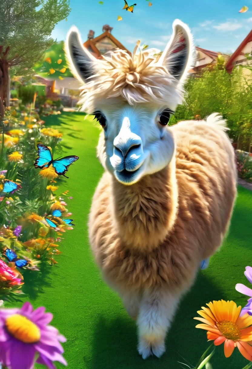 An Alpaca, aesthetic, (best quality,4k,8k,highres,masterpiece:1.2),ultra-detailed,realistic,(photorealistic:1.37),alpaca,cute,playful,expressive,fluffy fur,curious eyes,quirky personality,funny antics,comical poses,joyful atmosphere,vibrant colors,beautifully lit,artistic illustration,whimsical style,lovely garden,scenic background,harmonious composition,natural elements,lush greenery,flowers blooming,colorful butterflies,clear blue sky,sunlit environment,mischievous behavior,exploring surroundings,interacting with objects,random activities,running freely,standing on hind legs,playing with toys,rolling on the grass,eating flowers,making funny faces,enjoying the sunshine,jumping joyfully,raising head and looking around,communicating with other animals,bringing happiness and laughter,spreading positive energy.