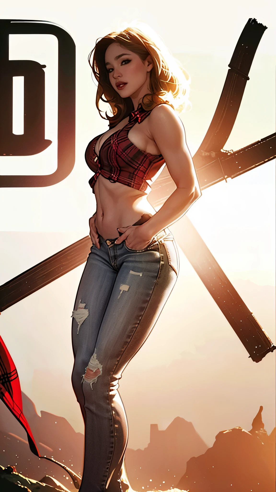 AJ Applegate in comic book panel, bold lineart illustration comic, green eyes, parted lips, perfect body, tan skin, A beautiful woman wearing a red knotted plaid shirt, denim shorts, narrow waist, navel, barn,busty, NSFW