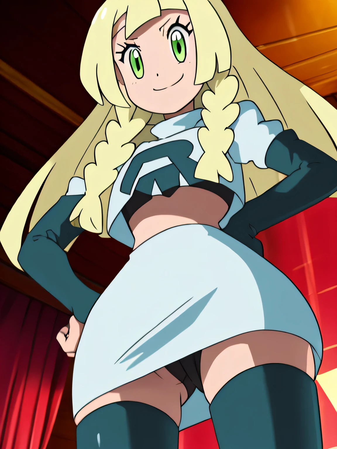 8k, masterpiece,highres, team rocket uniform, red letter r, white skirt,white crop top,black thigh-high boots, black elbow gloves, smiling, looking down at viewer, hands on hips, cowboy shot, zettai ryouiki,from below, black panties,anime style, vivid colors, sharp focus, intense lighting,lillie,blonde hair, long hair, twin braids, green eyes