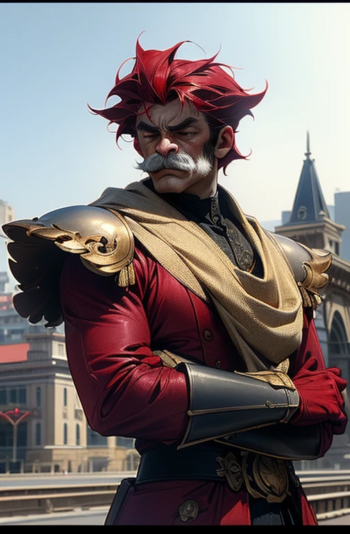 A man with mustache、(8K,raw,proffesional,top-quality),(realisitic,Photorealsitic:1.2),Perfect Anatomy,(Highest Detail Face:1.2),Front lighting,Dark shadows threatened the city,Red Rider Battle