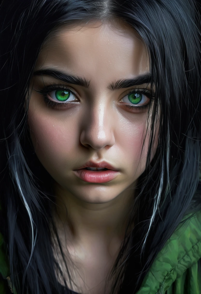 (a girl with a expression of hatred and sadness, black hair with silver tips, green right eye, gray left eye (detailed eyes)), oil painting, dark background, gothic atmosphere, vibrant colors, dramatic lighting