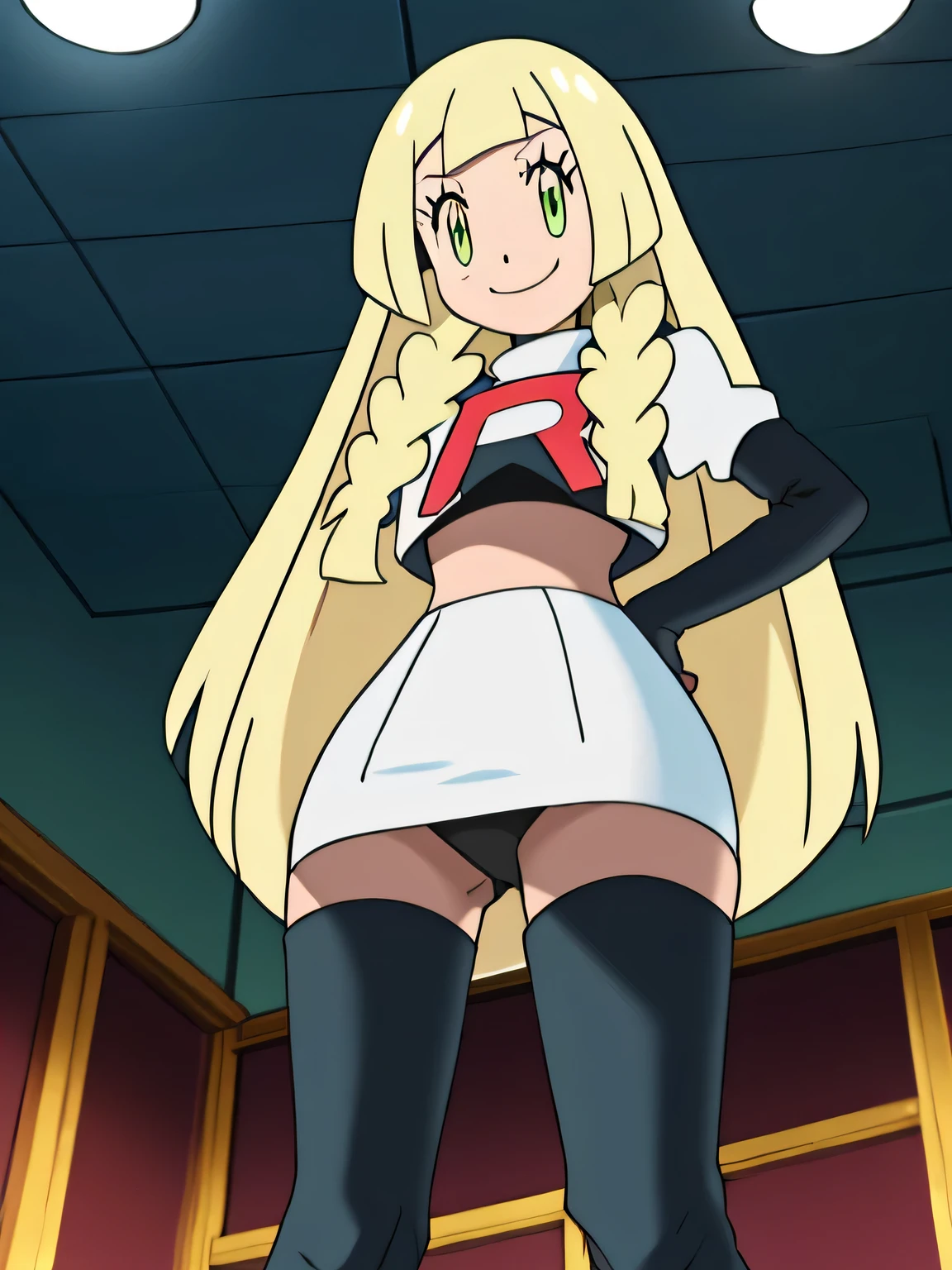 8k, masterpiece,highres, team rocket uniform, red letter r, white skirt,white crop top,black thigh-high boots, black elbow gloves, smiling, looking down at viewer, hands on hips, cowboy shot, zettai ryouiki,from below, black panties,anime style, vivid colors, sharp focus, intense lighting,lillie,blonde hair, long hair, twin braids, green eyes