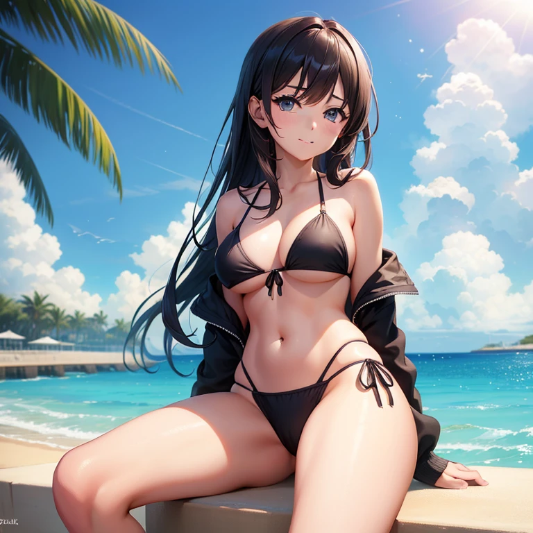 anime girl in a bikini sitting in a pool with a beach in the background, seductive anime girl, beautiful alluring anime woman, Realistic Bikini, Naughty, At the Beach, At the Beach, Kantai Collection Style, anime! 4K, anime! 4k yen, tits, Ilya Kuvshinov. 4k yen, beautiful alluring anime