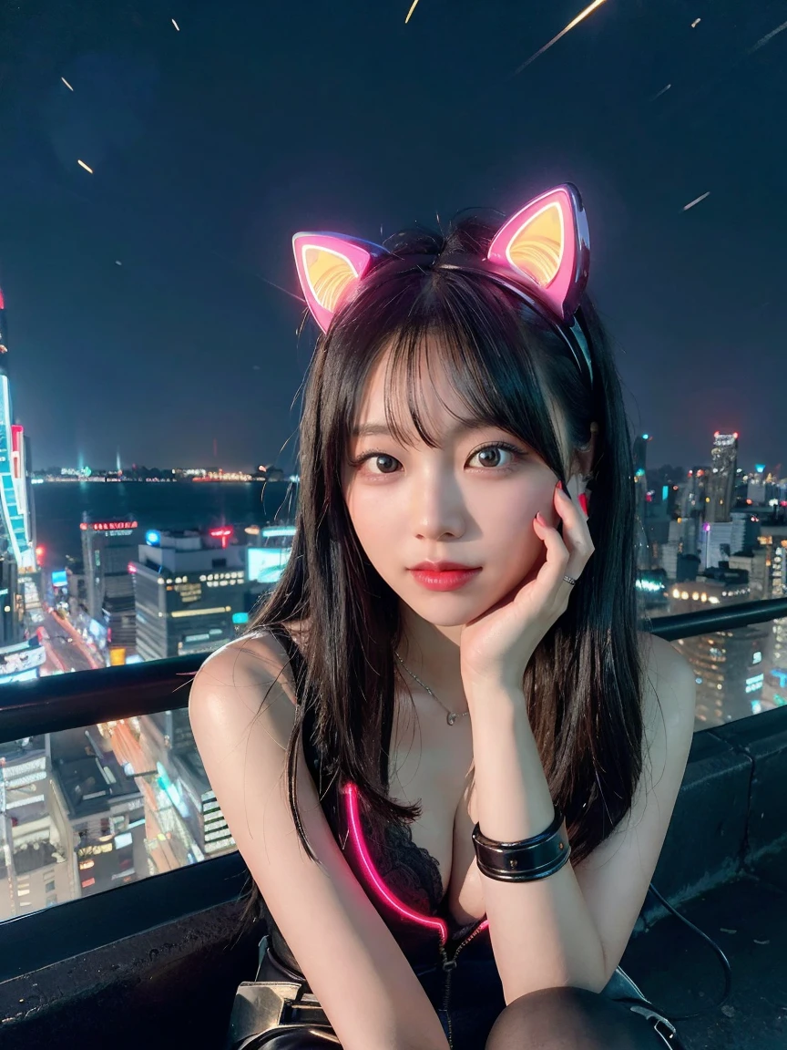 最high quality, masterpiece, 32k、Super detailed、realistic、1 girl, japanese woman、cute face, (photo actual:1.3), edge lighting, (high detail skin:1.2), 8K超High resolution, Single-lens reflex camera, high quality, High resolution, 4k, 8K, Optimal ratio of 4 fingers to 1 thumb, (actual:1.3), Green and blue neon cat ears headband、cute 1 girl, realistic、Super realistic、32k、Super detailed、masterpiece, 最high quality, beautiful girl, beauty、small breasts, Mecha, beautiful lighting, (neon light:1.2), (night:1.5), Cyberpunk Costume、sitting,Cyber Neon、future city、Skyscraper、City night、Shanghai、big city、night scene、Beautiful night scene