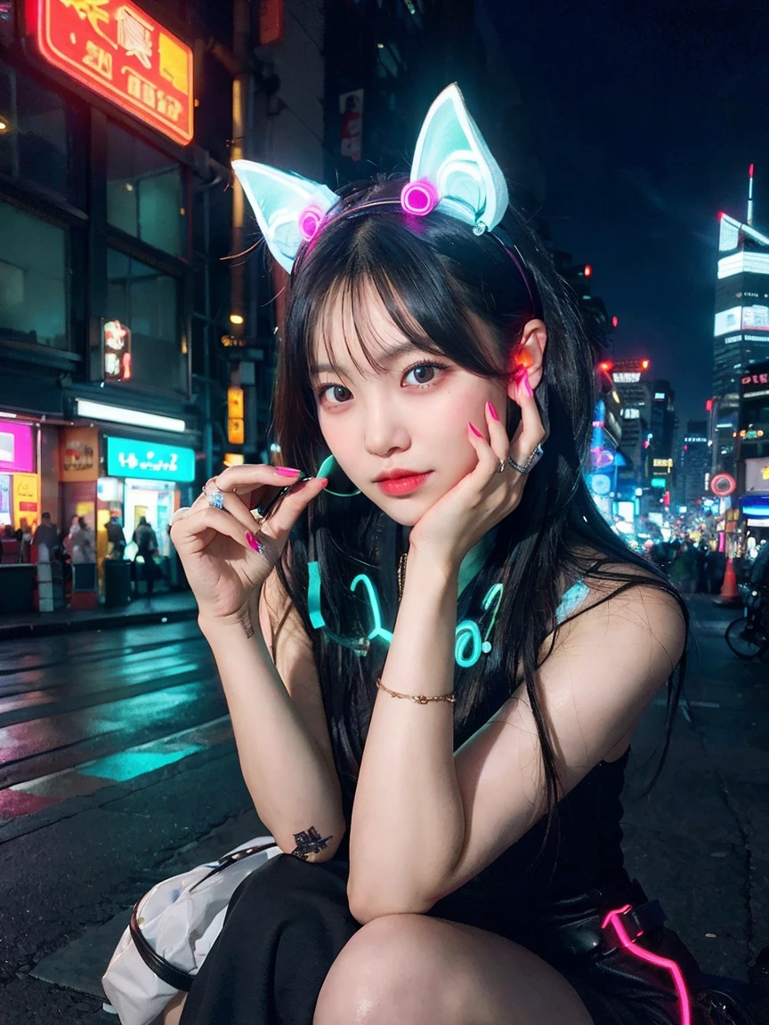 最high quality, masterpiece, 32k、Super detailed、realistic、1 girl, japanese woman、cute face, (photo actual:1.3), edge lighting, (high detail skin:1.2), 8K超High resolution, Single-lens reflex camera, high quality, High resolution, 4k, 8K, Optimal ratio of 4 fingers to 1 thumb, (actual:1.3), Green and blue neon cat ears headband、cute 1 girl, realistic、Super realistic、32k、Super detailed、masterpiece, 最high quality, beautiful girl, beauty、small breasts, Mecha, beautiful lighting, (neon light:1.2), (night:1.5), Cyberpunk Costume、sitting,Cyber Neon、future city、Skyscraper、City night、Shanghai、big city、night scene、Beautiful night scene