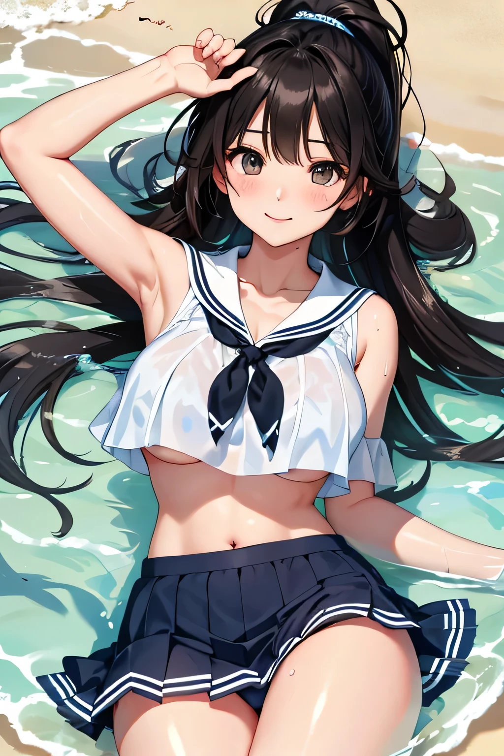 (highest quality:1.4)、High resolution、Detailed Background、(Detailed beautiful face:1.4)、Anatomically correct、(Depict the normal number of fingers:1.2)、(Detailed facial expressions)、Realistic、Beautiful fingers、Beautiful, smooth skin、age beauty、(Huge breasts:1.3)、Perfect body line、Attractive thighs、brown hair、Black Hair、cute hair color、Bobcut、ponytail、Long Hair、cute hairstyle、Show off your attractive armpits、I'm a little excited、Cowboy Shot、nipples are floating、
Wet white short sailor shirt、White sailor collar、Pleated mini skirt、Accentuate your breasts、Accentuate your cleavage、(Underboob:1.3)、With legs apart、cute colored panties、Panty Shot、cute、
(A beautiful girl lying on the beach:1.3)、The whole body is wet、My clothes are wet and transparent、Wet、Immerse in water、See through、look at me with a sexual expression、Looking at me happily、Smiling、Panty Shot:1.1、cute、cameltoe:1.1