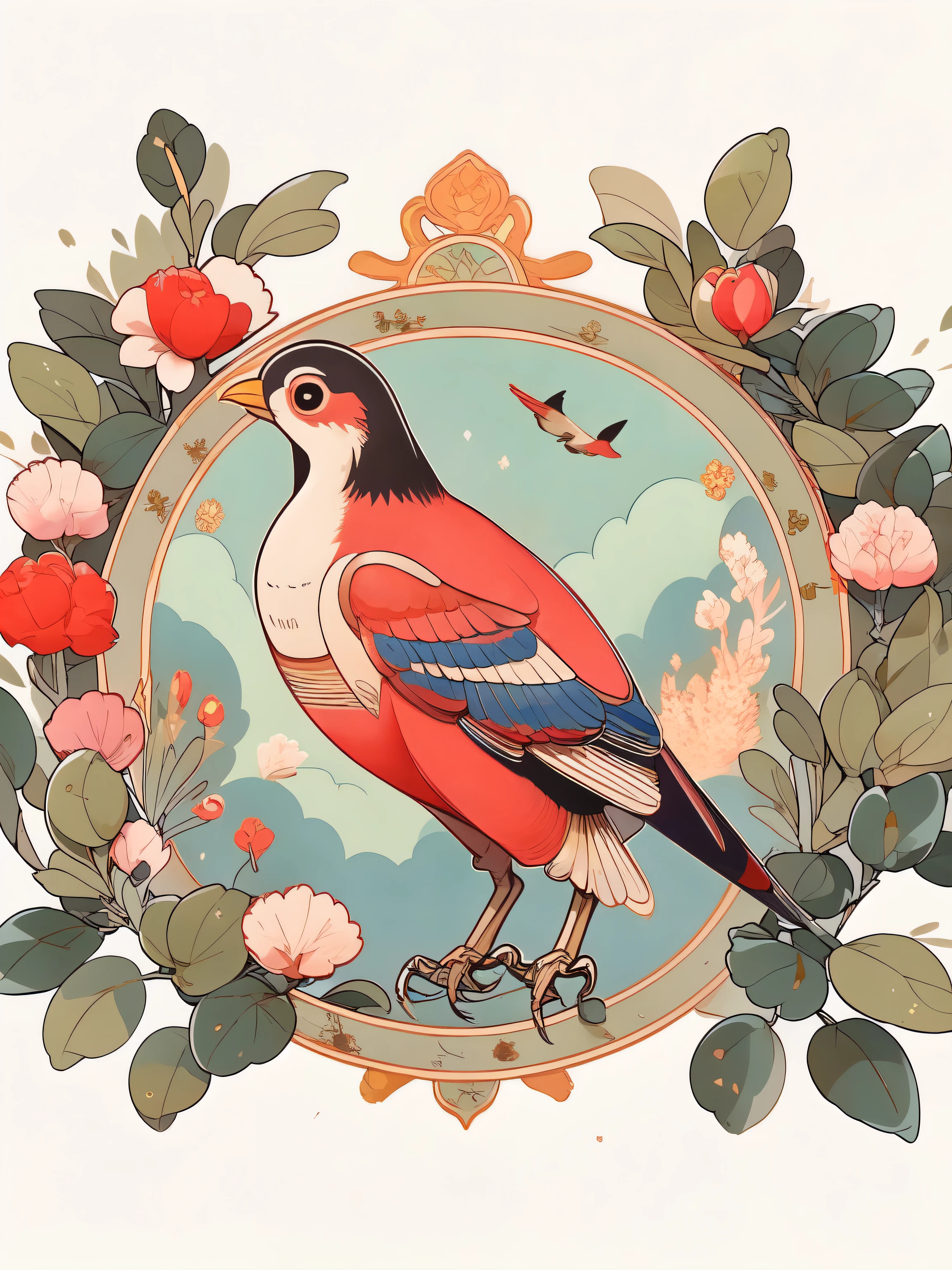 Golden Pheasant standing on a branch,with forest as background,There are many trees around,Lush vegetation,Cute flat illustration style,Planarization,There is one flying in the air