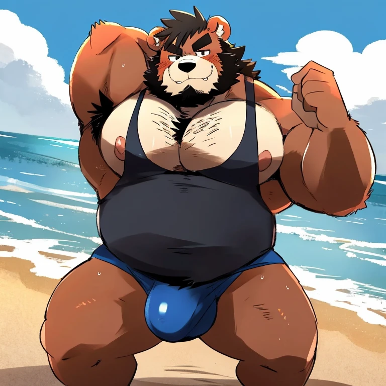 Chubby, furry,male , anthro bear, dark orange fur, cream fur, black hair, very plump, middle aged , mouth covered mustache,Thick beard, seductive , detailed , full body , tight tank top, lifted up, chest and belly exposed, naked, hyper penis bulge:1.65, bulge detailed, hyper pecs:1.75, extremely hot and sexy, eye ls half closed, black pupils, eye contact, seductive, horny, hot, white tank top, speedo, sweaty, beach setting, afternoon, blue sky, hot temperature, day time, one arm raised, hairy armpit, by hyaku