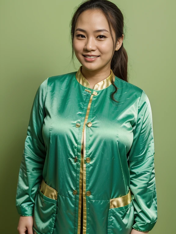 Smiling Asian woman, wide forehead, chubby, real person, 30 year old woman, flashy outfit, standing still, light green background