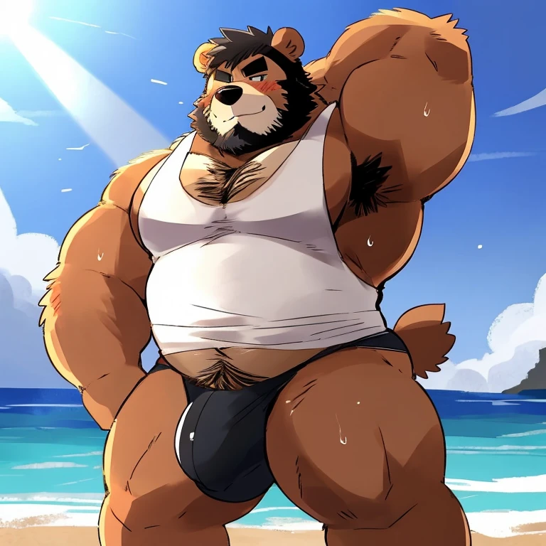 Chubby, furry,male , anthro bear, dark orange fur, cream fur, black hair, very plump, middle aged , mouth covered mustache,Thick beard, seductive , detailed , full body , tight tank top, lifted up, chest and belly exposed, naked, hyper penis bulge:1.65, bulge detailed, hyper pecs:1.75, cum everywhere:1.35, extremely hot and sexy, eye ls half closed, black pupils, eye contact, seductive, horny, hot, white tank top, speedo, sweaty, beach setting, afternoon, blue sky, hot temperature, day time, one arm raised, hairy armpit, by hyaku