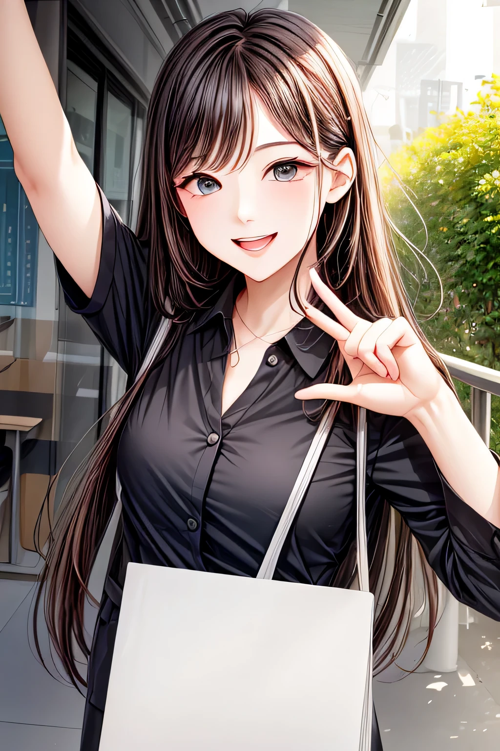 A town with beautiful morning sun。Smiling office lady heading to work。Cheerful smile。Wave