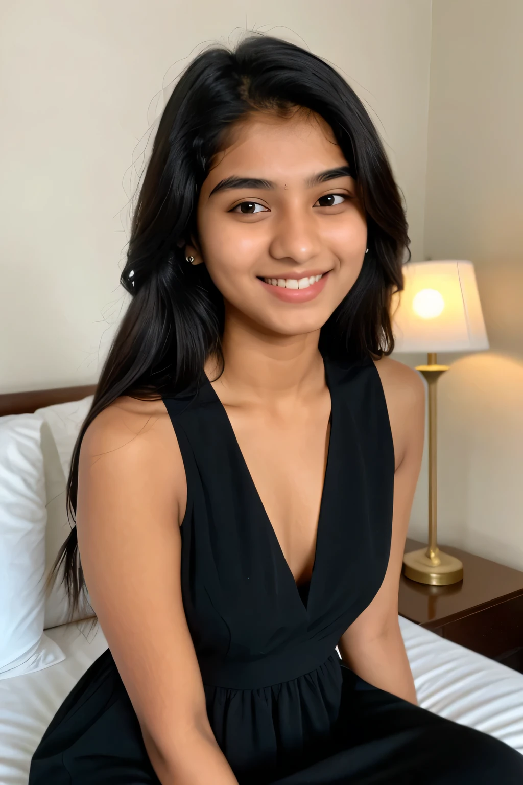 Indian girl upturned eyes pointed nose reward smile wearing black dress