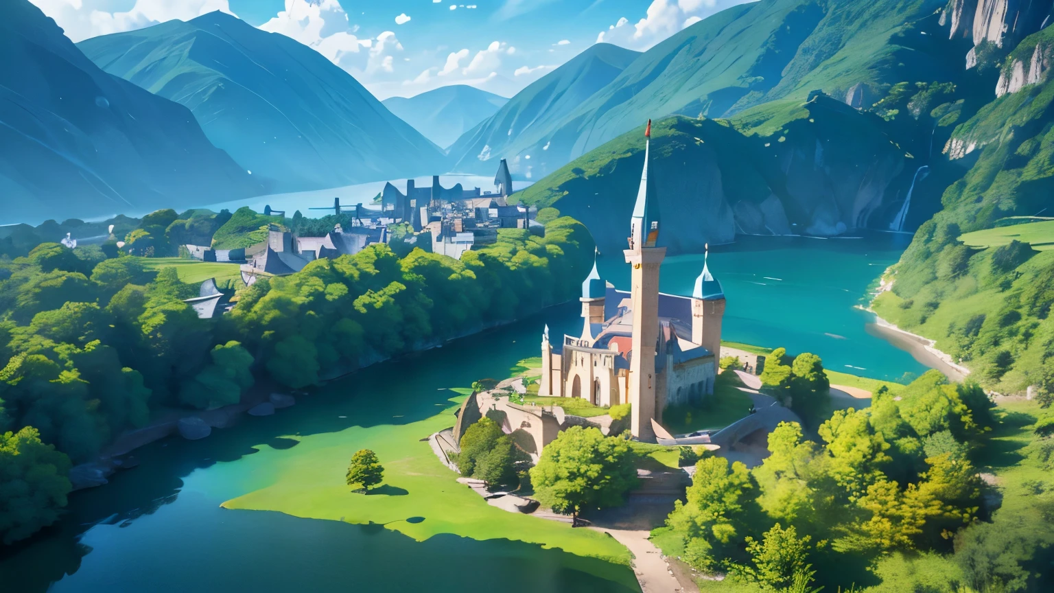 Knowledge Continent。Is the real world,A parallel world,这里就叫做Knowledge Continent,A magical world with knowledge at its core,在Knowledge Continent中,There are many kingdoms,Each kingdom has a rich treasure of knowledge。These are just treasures.,It comes from the real world,6 castles,6 cities,Each castle is a country,forest,river,summer,3D,high-definition,Hayao Miyazaki style,Cartoon Style,movie lighting effects,Ultra wide-angle lens,Ultra-telescopic lens,Top view,Three View