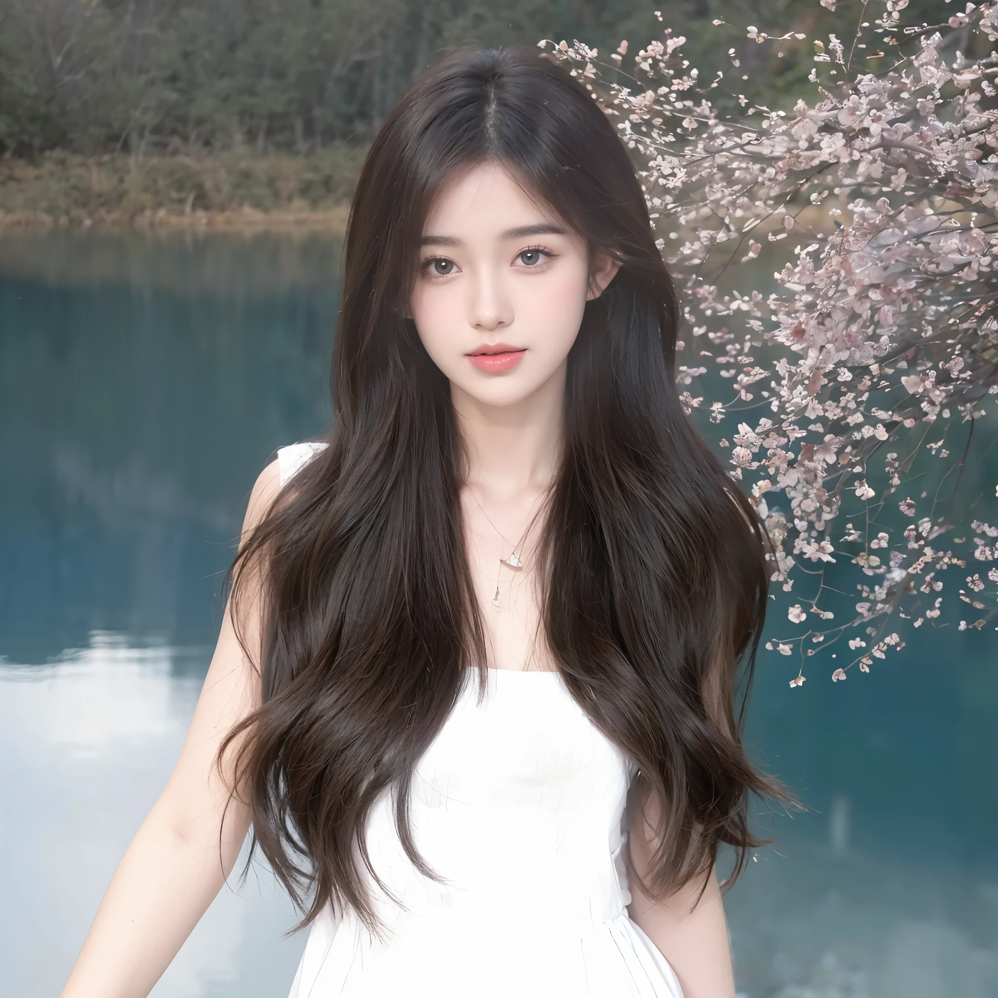 Long curly hair with bangs,Hair looks natural,Clean and beautiful background,Overall comfortable and beautiful