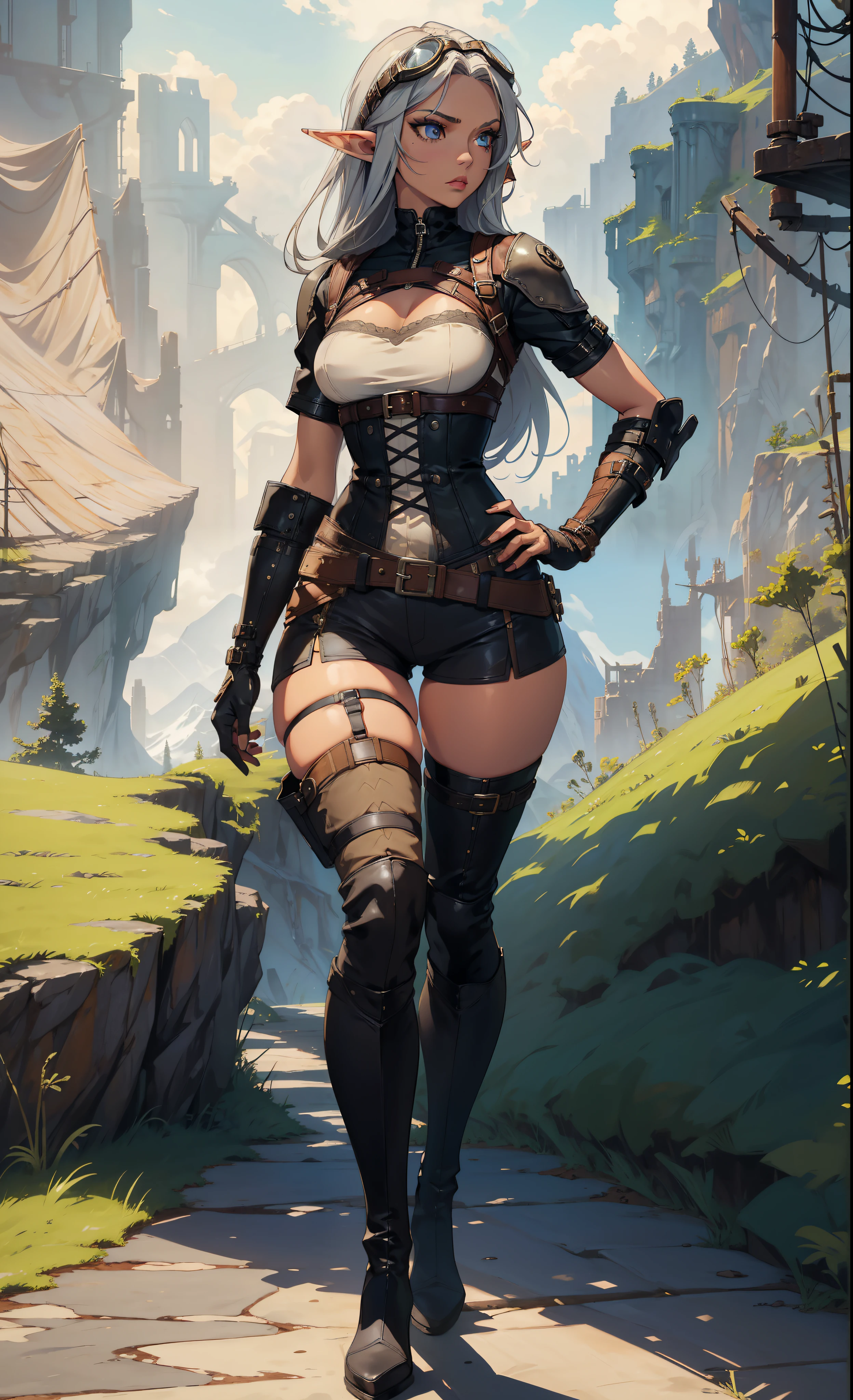 masterpiece, high quality, 1_woman, ((full body)), standing, (exotic skin_complexion:1.4), mature, (looking away from the viewer), hand on hip, tall, beautiful, exotic, with long elf ears, long hair, silver hair, detailed face, having diamond shaped eyes, blue eyes, (dark_eyeliner), long_eyelashes medium_bust, wearing Steampunk corset, chest window, (brown shorts), crossing belts, (goggles on head), long fingerless_gloves, belts with metal gears, black thigh highs with embroidery, knee boots with laces, mountains in distance, walking path, grassy field,