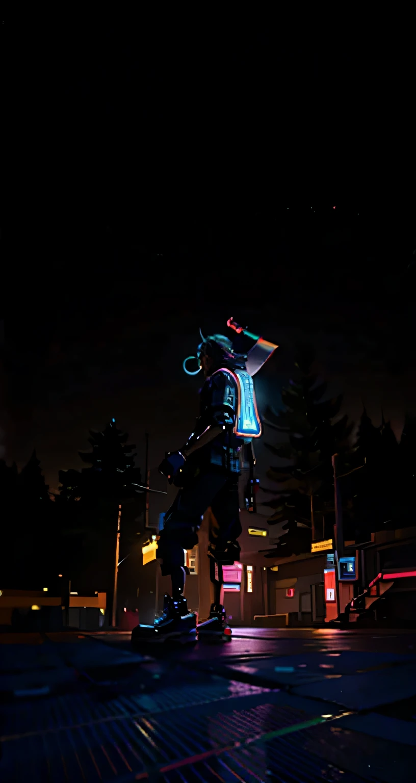cyberpunk, neon, 1 boy playing badminton, Elf, neon hair, neon eyes, black leather jacket,sniper rifle, cover up, sneaking, mask,goggles,