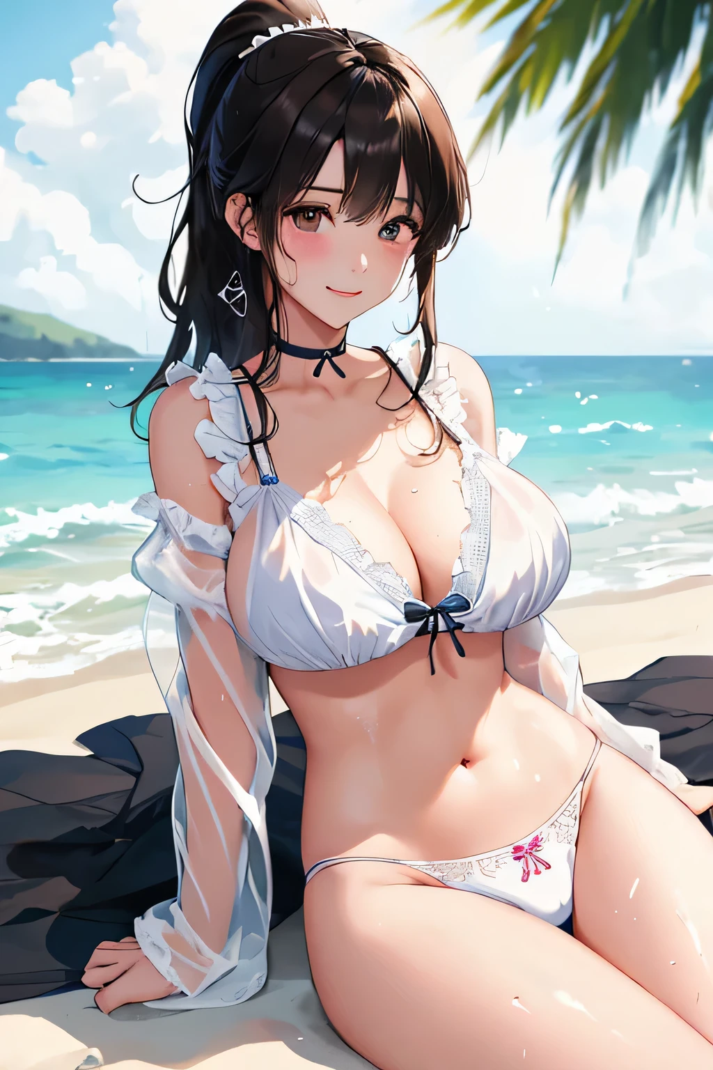 (highest quality:1.4)、High resolution、Detailed Background、(Detailed beautiful face:1.4)、Anatomically correct、(Depict the normal number of fingers:1.2)、(Detailed facial expressions)、Realistic、Beautiful fingers、Beautiful, smooth skin、age beauty、(Huge breasts:1.3)、Perfect body line、Attractive thighs、brown hair、Black Hair、cute hair color、Bobcut、ponytail、Long Hair、cute hairstyle、Show your attractive side、I'm a little excited、Cowboy Shot、Nipples floating on clothes、 Wet white short sailor shirt、White sailor collar、No sleeve:1.1、Accentuate your breasts、Accentuate your cleavage、Show your side、(Underboob:1.3)、With legs apart、White panties with floral embroidery、Panty Shot、cute、 (A beautiful girl lying on the beach:1.3)、The whole body is wet、My clothes are wet and transparent、Wet、Immerse in water、See through、look at me with a sexual expression、Looking at me happily、Smiling、Panty Shot、cute、cameltoe:1.1