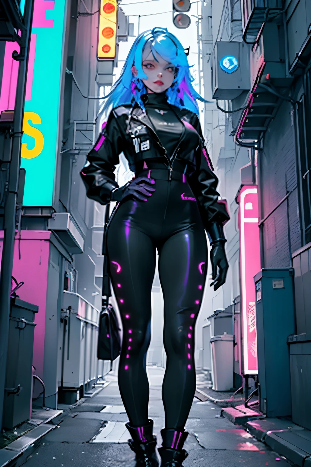 ((best quality)), ((masterpiece)), (detailed), 完美脸蛋wears a suit made of shimmering LED lights and soft synthetic materials, emitting a neon-like glow overall. Her outfit features a unique blend of futurism and retro elements, making her stand out in the crowd. stands on a street in a cyberpunk city, surrounded by the blinking neon lights of the night. Pedestrians pass by on the street, and various futuristic devices shuttle through the air, creating a vibrant and lively urban environment.Aurora stands in the middle of the street, body slightly leaning, one hand on her hip, and the other pointing into the distance as if guiding the way to the future. Her eyes sparkle with confidence and determination, and her posture exudes a sense of avant-garde .