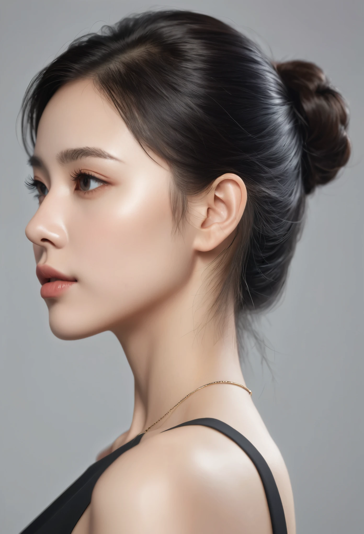 ((Best Quality, 8K )), A young cute profile woman, photorealistic, side view, portrait, ultra realistic, high detailed, high detailed skin, high quality, black dress