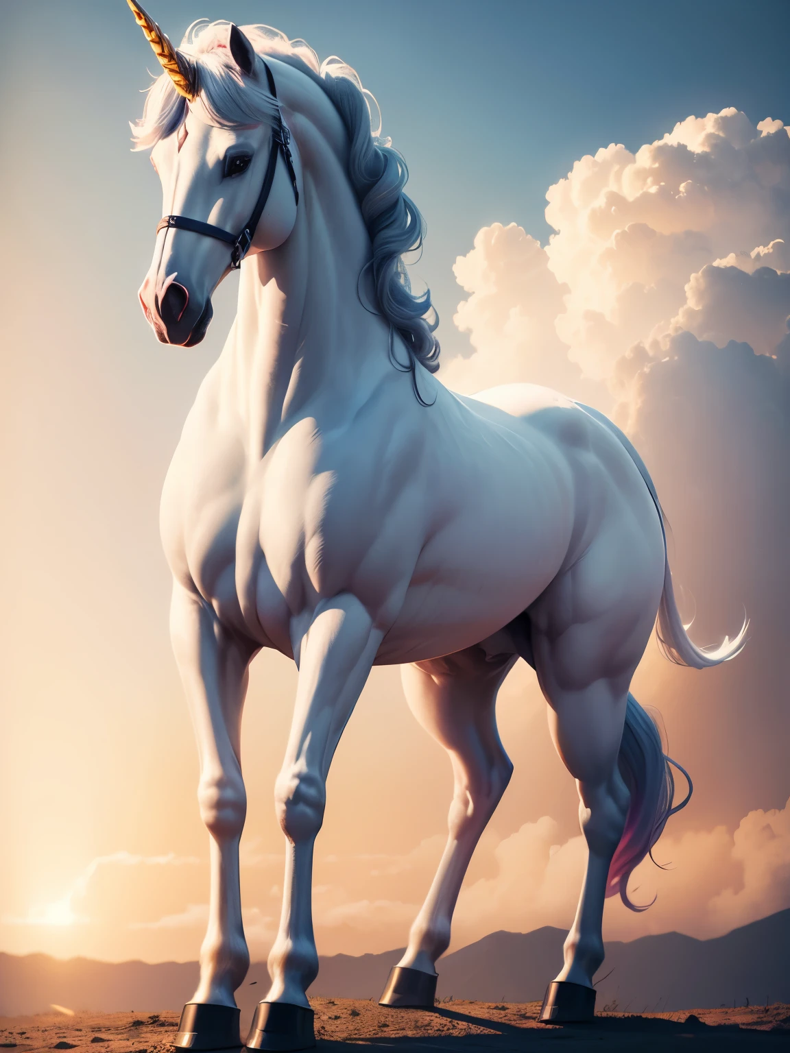 unicorn, white horse, standing, ultra detailed, high quality, 8k resolution, zoom out shot, full body