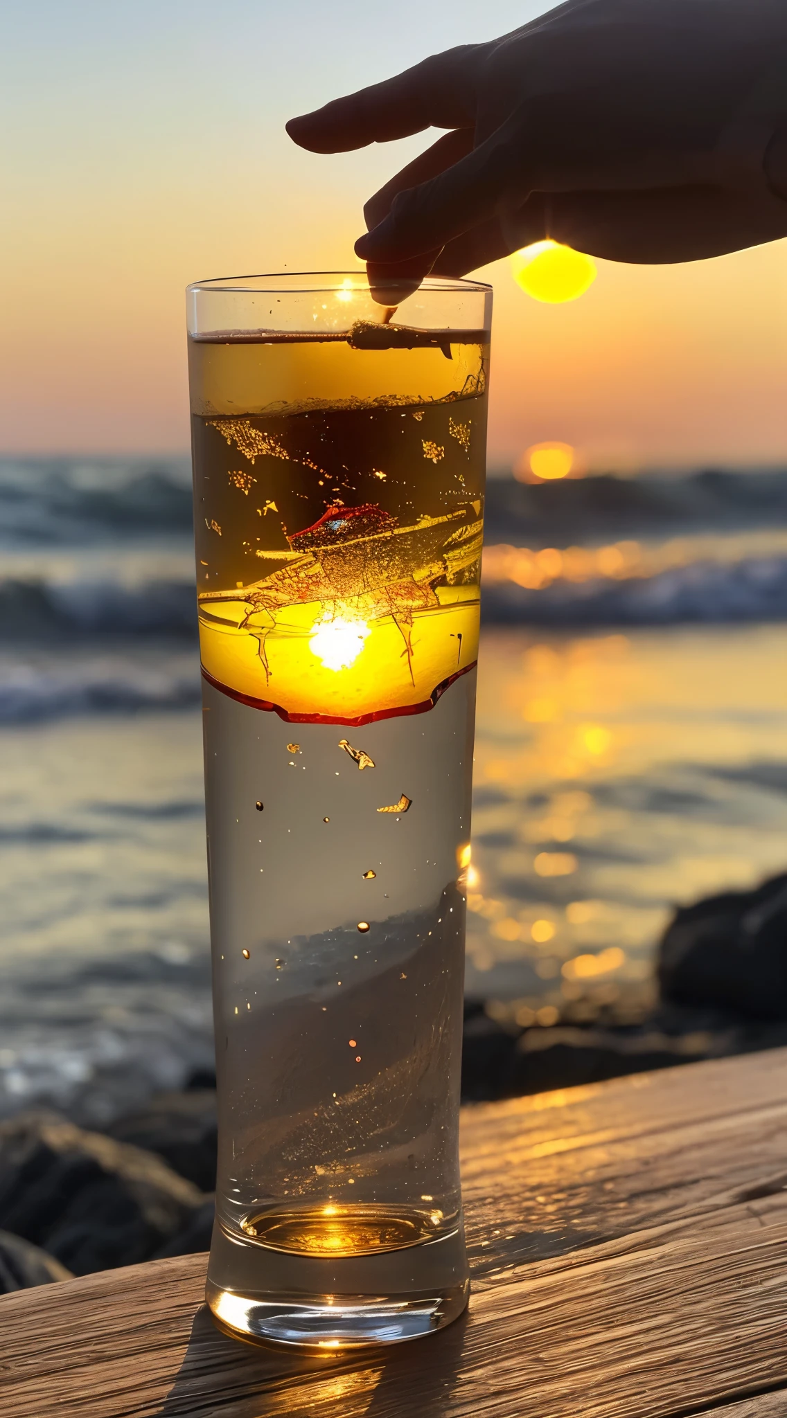 The sun reflected in crystal glass by the seaside, Mountain々Against the backdrop of, Regular classic shaped glasses, opened from above, Under, Next to the glass, It is a red rose, High-quality, realistic photos