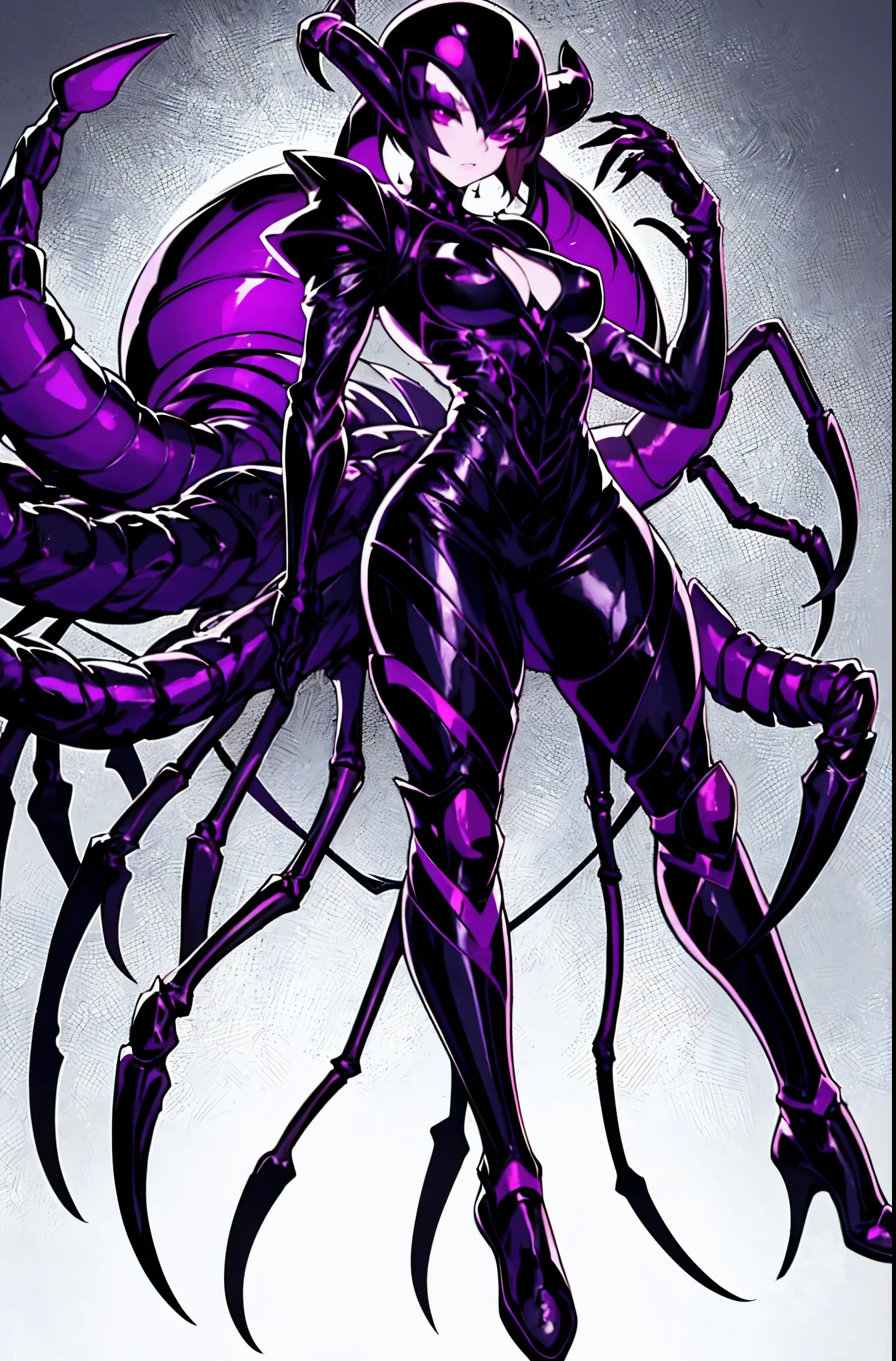 Beautiful girl fused with a scorpion. (High quality) （black and purple image color）gothic dress. body suit. cyber style. Circuit pattern. Biological Armor. Biological helmet. eye mask.