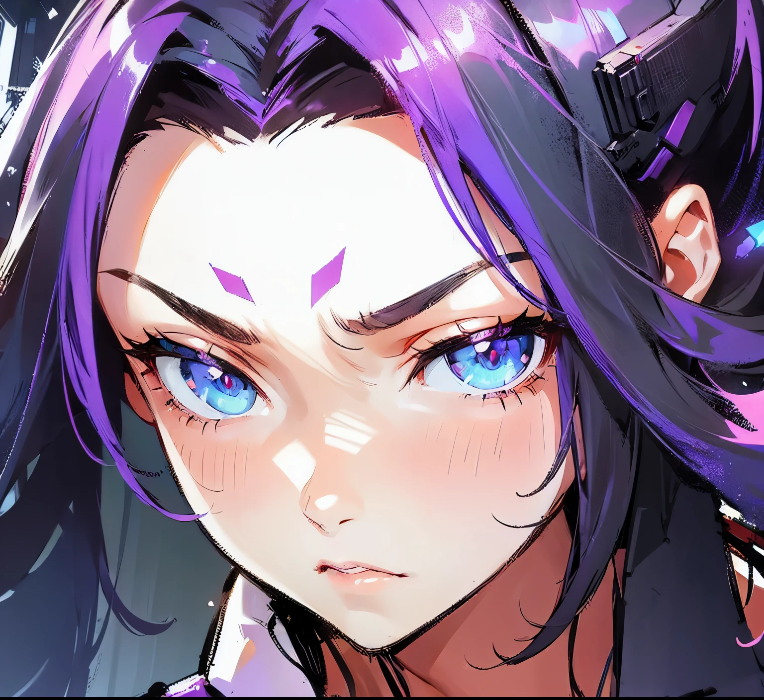 Brunette woman，Cyberpunk，Purple bangs， get angry，Thick coating，Realism
