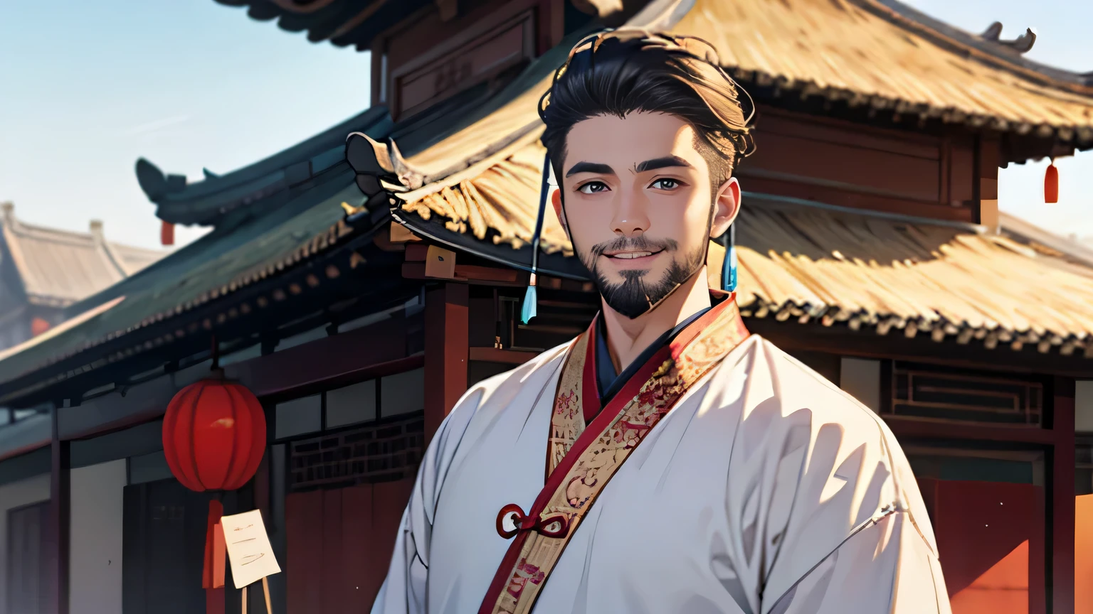 China，Next to a thatched house，A middle-aged man，Father role，Around 30 years old，have a beard，White Hanfu，gorgeous clothes，Smile，happy，Extend your right hand，whole body