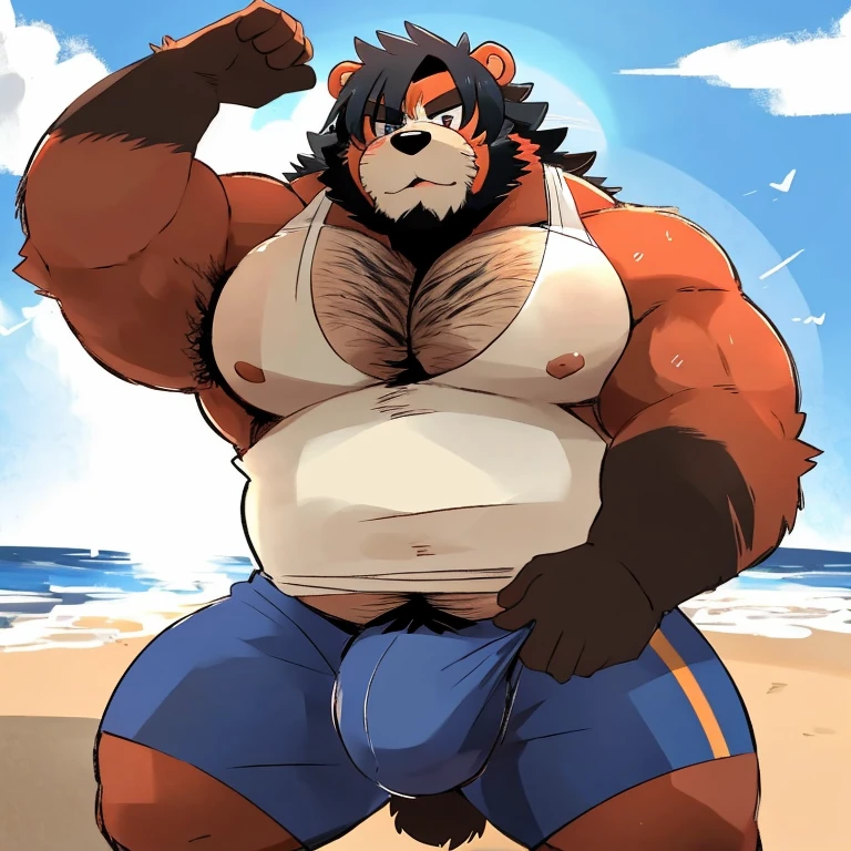Chubby, furry,male , anthro bear, bright orange fur, cream fur, black hair, very plump, middle aged , mouth covered mustache,Thick beard, seductive , detailed , full body , tight tank top, lifted up, chest and belly exposed, naked, hyper erection:1.65, bulge detailed, hyper pecs:1.75, extremely hot and sexy, eye ls half closed, black pupils, eye contact, seductive, horny, hot, sweaty, beach setting, afternoon, blue sky, hot temperature, day time, one arm raised, hairy armpit, by hyaku