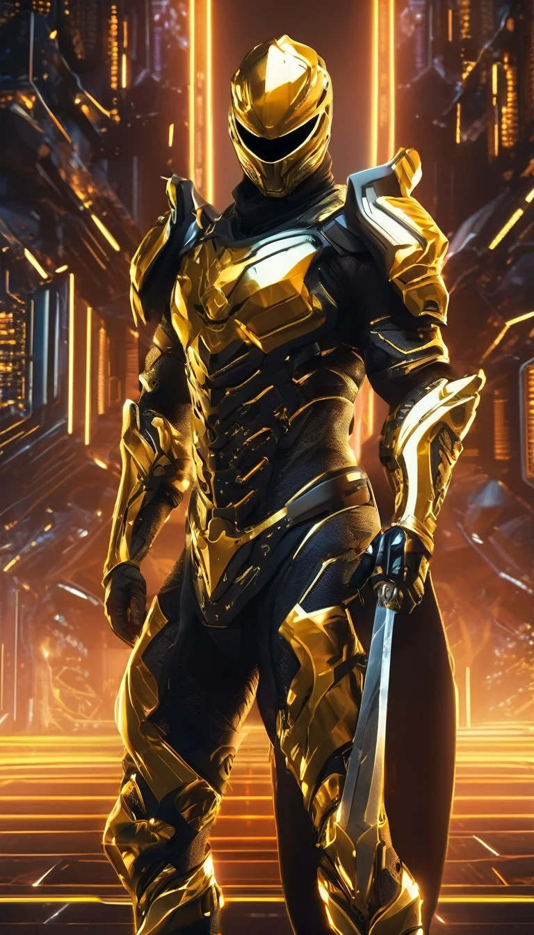 A giraffe is standing in a space with a sword and a stone.., the golden cat knight in armor, gold armour suit, gold obsidian armor, golden armour, sleek gold armour, golden armour wearing, gold paladin, epic paladin armor, paladin golden armour, heavy gold obsidian armor, gold armour, light coming off of the armor, golden armour brilhante