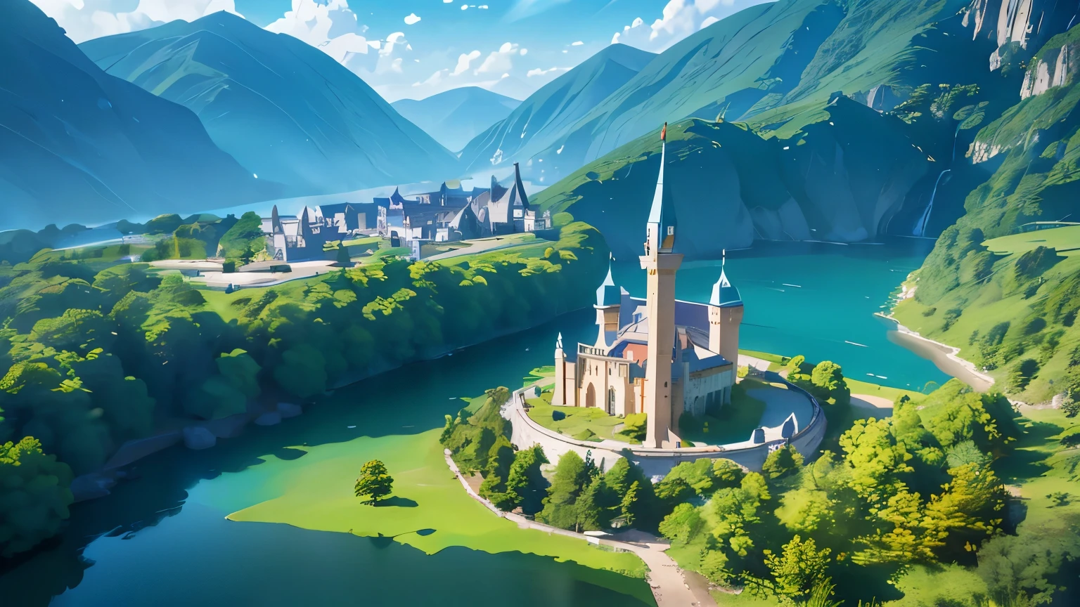 Knowledge Continent。Is the real world,A parallel world,这里就叫做Knowledge Continent,A magical world with knowledge at its core,在Knowledge Continent中,There are many kingdoms,Each kingdom has a rich treasure of knowledge。These are just treasures.,It comes from the real world,6 castles,6 cities,Each castle is a country,forest,river,summer,3D,high-definition,Hayao Miyazaki style,Cartoon Style,movie lighting effects,Ultra wide-angle lens,Ultra-telescopic lens,Top view,Three View