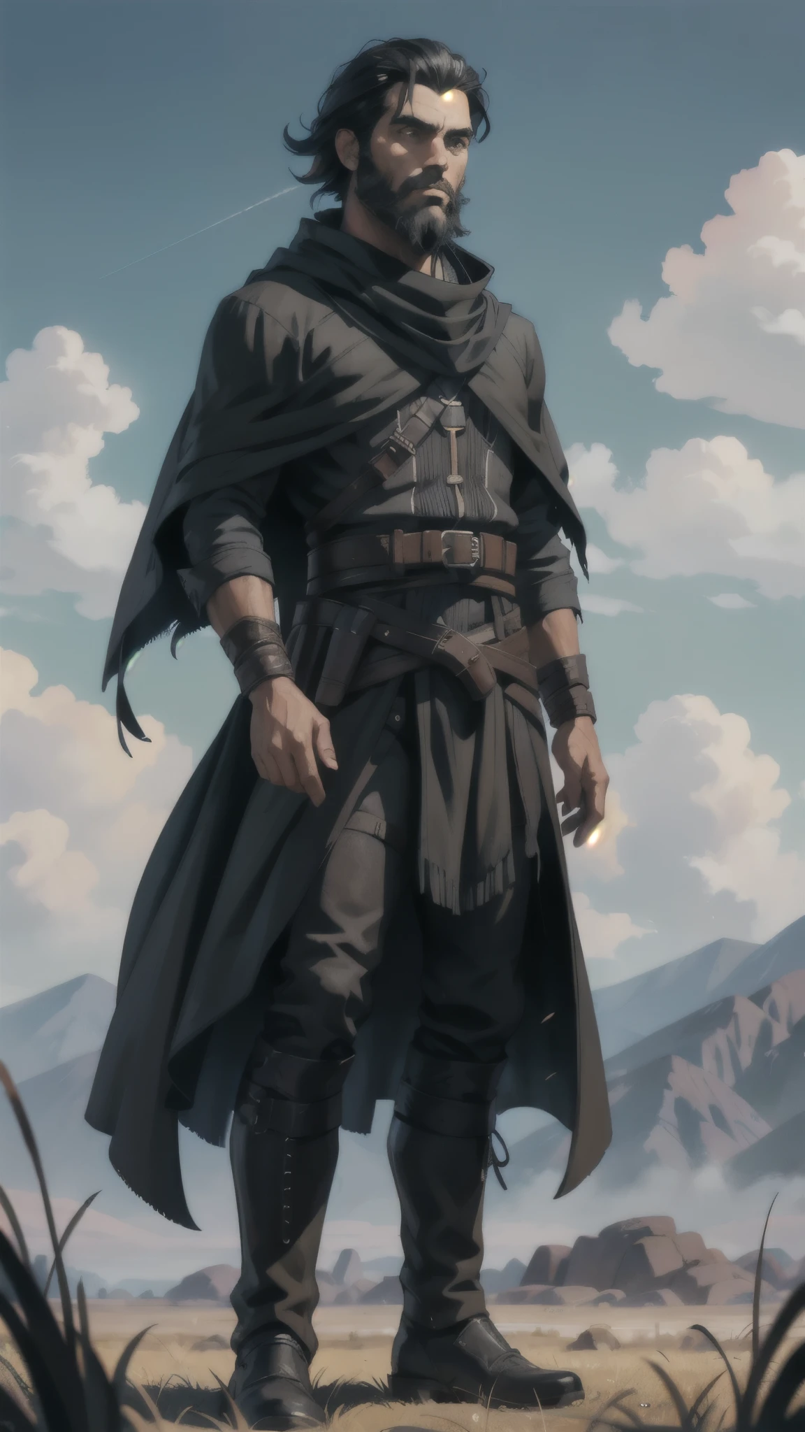 1 male, black poncho, grass field, black hair, black beard