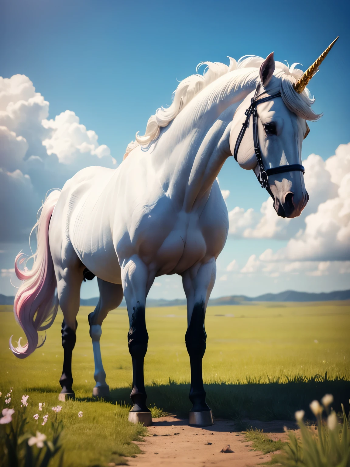 unicorn, white horse, standing, ultra detailed, high quality, 8k resolution, zoom out shot, full body, plains background, grass, clear sky, one horn