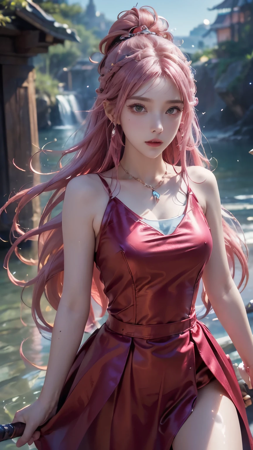 (logo、masterpiece、8k、Tabletop、RAW Photos、wonderful、最high quality、フォトリアルでVery detailedなCG統合8k壁紙、high quality、Very detailed、Narrative poem、Particle Effects、Dynamic Effects、Depth of text、Cinematic Light、Lens flare、Ray Tracing)、Fantasy、(One girl, arms, sword, Long Hair, dress, water, alone, jewelry, red dress, Earrings, hair ornaments, waterしぶき, Ultra-realistic upper body, Hair Bun, Pink Hair, Realistic city background, Lighting,Frank