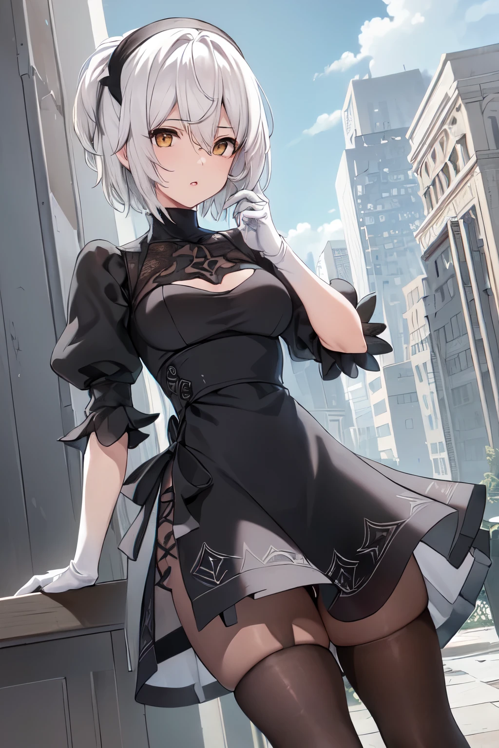 ((mejor calidad)), ((Obra maestra)), (detallado), ultra detallado, 1 chica, solo
stare, mirando al espectador, (entrevista:1.3), (fondo oscuro, la ciudad en ruinas:1.3)
ultra detallado, 1 chica, solo
yorha no. 2 tipo b,