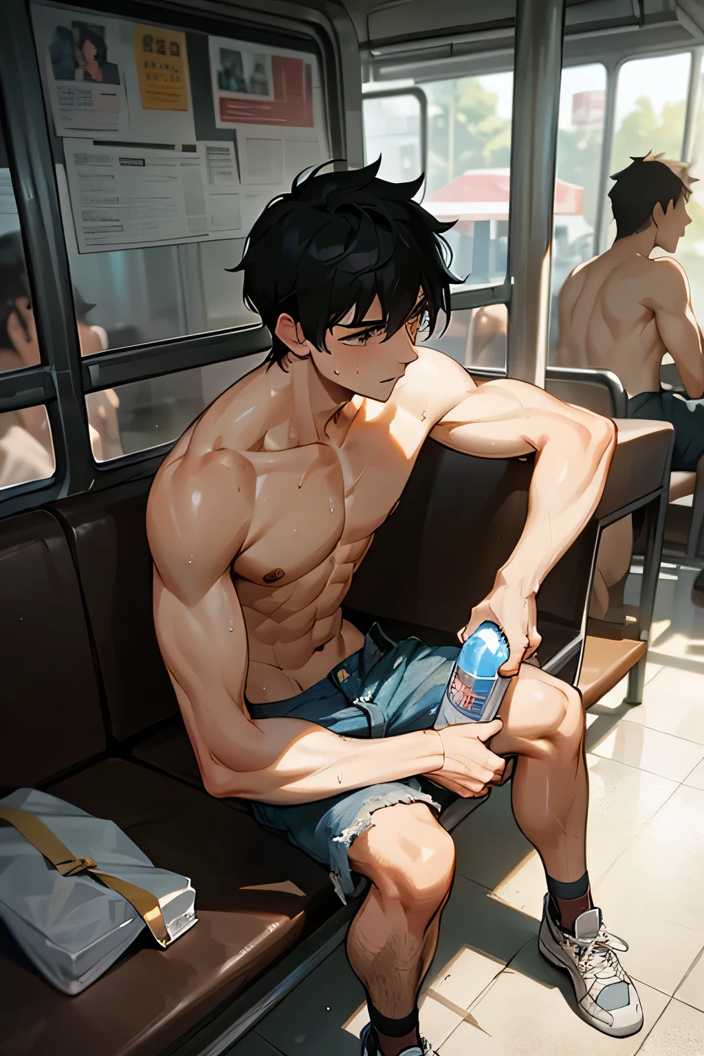 shirtless handsome manly short black hair caucasian male in tattered short jeans and sneakers, holding a bottled water, shirtless, sweating profusely, drenched with sweat, exhausted, panting, inside the bus station, inside the bus station is crowded with people