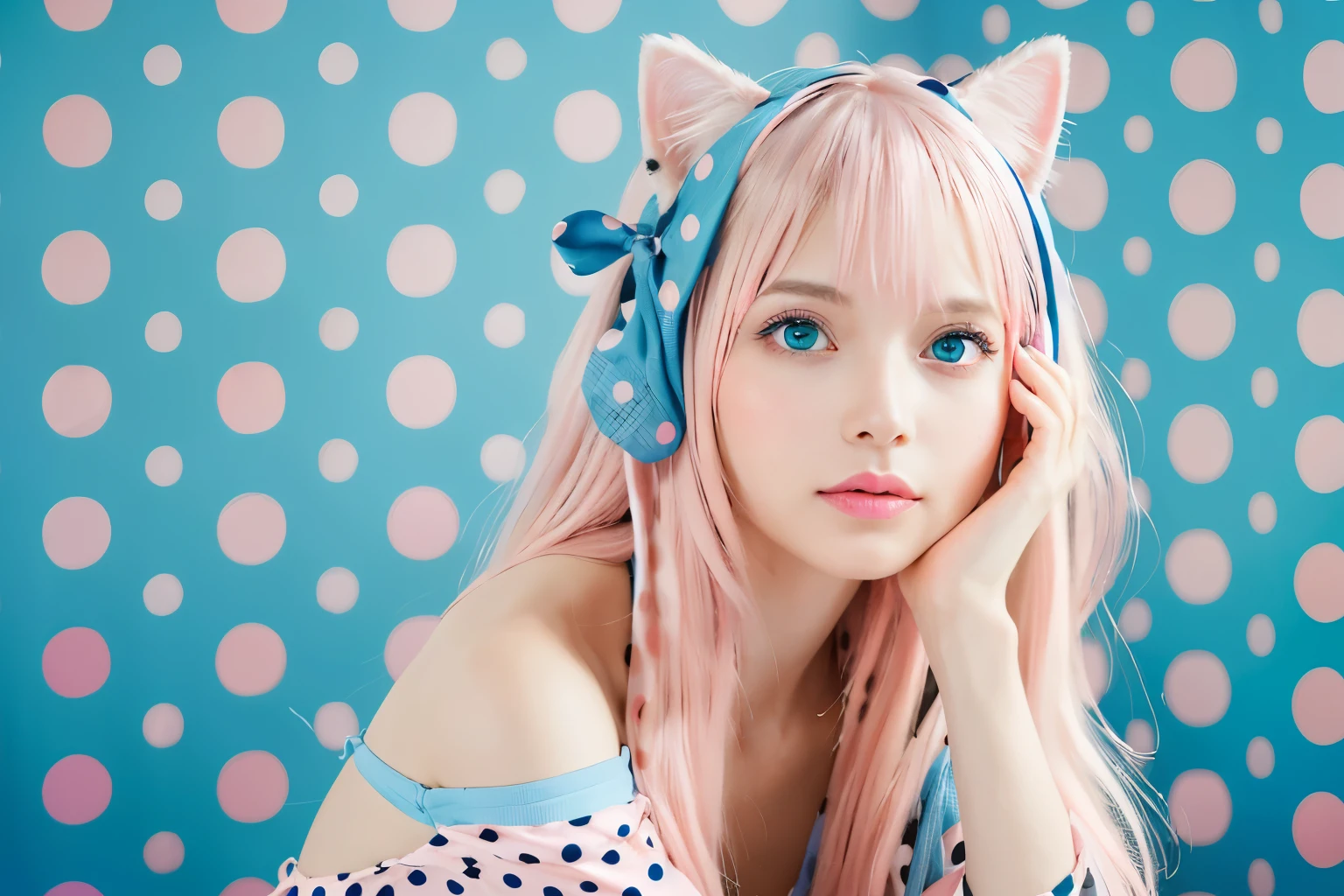 masterpiece, highest quality, 4K, Realistic, Bokeh, Awareness-raising,1 perfect portrait of a girl, (A fascinating eye for perfect detail:1.2), Colorful Hair, (Gradient Hair), (Blue and pink soft long hair:1.6), (Cat ear:1.2), (Exposed bare shoulders), (Long-term alienation sleeve), (lean forward a little), Tilt your head, Cinema Lighting, (seductive pose:1.4), (Blue and pink polka dot background:1.6), Beautiful bright blue eyes, close,Line art