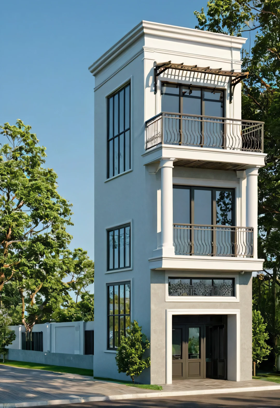 Raw photo,Masterpiece, high quality, best quality, authentic, super detail, 8k uhd, (realistic:1.2)
exterior, outdoors, clear sky, day, tree, blue sky, window, grass, ground vehicle, building, motor vehicle, car, road, bush, street, aiaigroup, townhousevn, neo-classical architecture style, balcony, gate, tree on the balcony, classic architecture, white wall, residential neighborhood, Classical Style House