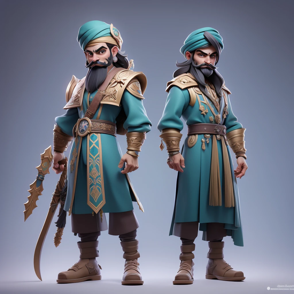 Concept art,hand-drawn drawings,Persian costumes,exotic styles,original character designs,solo,1boy,facial hair,beard,male focus,standing,full body,turban,gradient background,gradient,gem,boots,weapon,simple background,sheath,looking at viewer,grey background,armor,dagger,knife,jewelry,mustache,long sleeves,pants,sheathed,cape,hat,