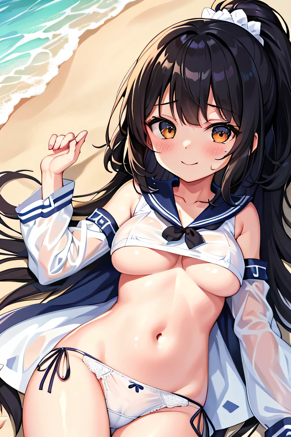 (highest quality:1.4)、High resolution、Detailed Background、(Detailed beautiful face:1.4)、Anatomically correct、(Depict the normal number of fingers:1.2)、(Detailed facial expressions)、Realistic、Beautiful fingers、Beautiful, smooth skin、age beauty、(Huge breasts:1.3)、Perfect body line、Attractive thighs、brown hair、Black Hair、cute hair color、Bobcut、ponytail、Long Hair、cute hairstyle、Show your attractive side、I'm a little excited、Cowboy Shot、Nipples floating on clothes、 Wet white short sailor shirt、White sailor collar、No sleeve:1.1、Accentuate your breasts、Accentuate your cleavage、Show your side、(Underboob:1.3)、With legs apart、White panties with floral embroidery、Panty Shot、cute、 (A beautiful girl lying on the beach:1.3)、The whole body is wet、My clothes are wet and transparent、Wet、Immerse in water、See through、look at me with a sexual expression、Looking at me happily、Smiling、Panty Shot、cute、cameltoe:1.1