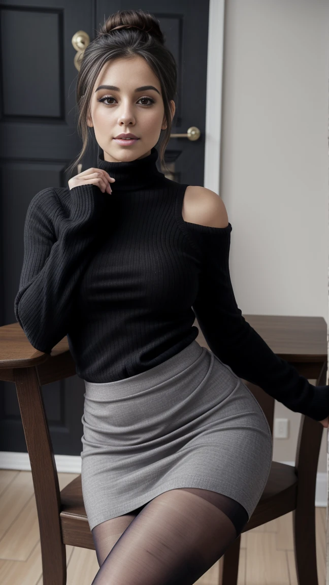 Full body photo of a 35-year-old Israeli beauty , Rough type, plump woman, #10: Messy Brunette Bun, ,  turtleneck sweater,  Grey tight skirt scarf, Sexy Skirt,  Black tights and black pantyhose sitting on a chair seductively , dream, Curvy hourglass figure, OPPEIN PROPORTION, Severely exaggerated proportions of short skirts and tight skirts 