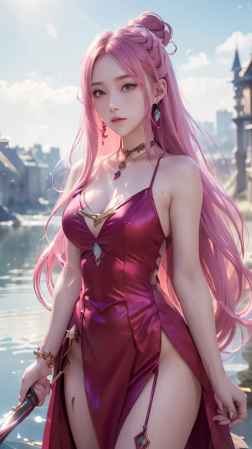 (logo、masterpiece、8k、Tabletop、RAW Photos、wonderful、最high quality、フォトリアルでVery detailedなCG統合8k壁紙、high quality、Very detailed、Narrative poem、Particle Effects、Dynamic Effects、Depth of text、Cinematic Light、Lens flare、Ray Tracing)、Fantasy、(One girl, arms, sword, Long Hair, dress, water, alone, jewelry, red dress, Earrings, hair ornaments, waterしぶき, Ultra-realistic upper body, Hair Bun, Pink Hair, Realistic city background, Lighting,Frank