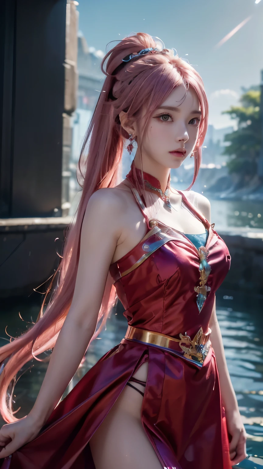 (logo、masterpiece、8k、Tabletop、RAW Photos、wonderful、最high quality、フォトリアルでVery detailedなCG統合8k壁紙、high quality、Very detailed、Narrative poem、Particle Effects、Dynamic Effects、Depth of text、Cinematic Light、Lens flare、Ray Tracing)、Fantasy、(One girl, arms, sword, Long Hair, dress, water, alone, jewelry, red dress, Earrings, hair ornaments, waterしぶき, Ultra-realistic upper body, Hair Bun, Pink Hair, Realistic city background, Lighting,Frank