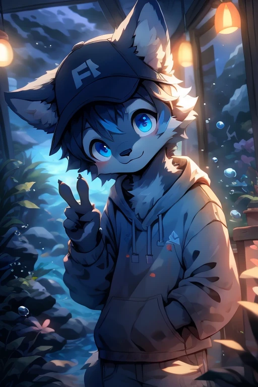 masterpiece, best quality, bright eyes, detailed eyes, furry, wolf, male, baggy clothing, baseball cap, v sign, (head tilt:1.3), high saturation, colorful, detailed background, perfect lighting, shadow, aquarium, window, deep blue theme, bubble