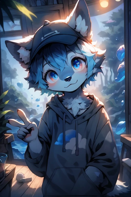 masterpiece, best quality, bright eyes, detailed eyes, furry, wolf, male, baggy clothing, baseball cap, v sign, (head tilt:1.3), high saturation, colorful, detailed background, perfect lighting, shadow, aquarium, window, deep blue theme, bubble