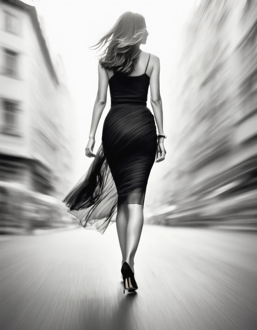 Motion blur, black and white close-up, white background, (back of a woman walking home in a hurry: 1.3),Hips，High-end black gauze skirt， tilt-shift of (focus on legs and high heels)，Moving traced rays，
Professional Fashion Photography, Super Macro, Long wavy hair with unusually rich and super fine textures, Poster style, Minimalist, Nikon, Hasselblad, Canon, Fuji, 16K, Street style, Beautifully detailed,illustration，Combining ink painting and photography，in style of Light painting,