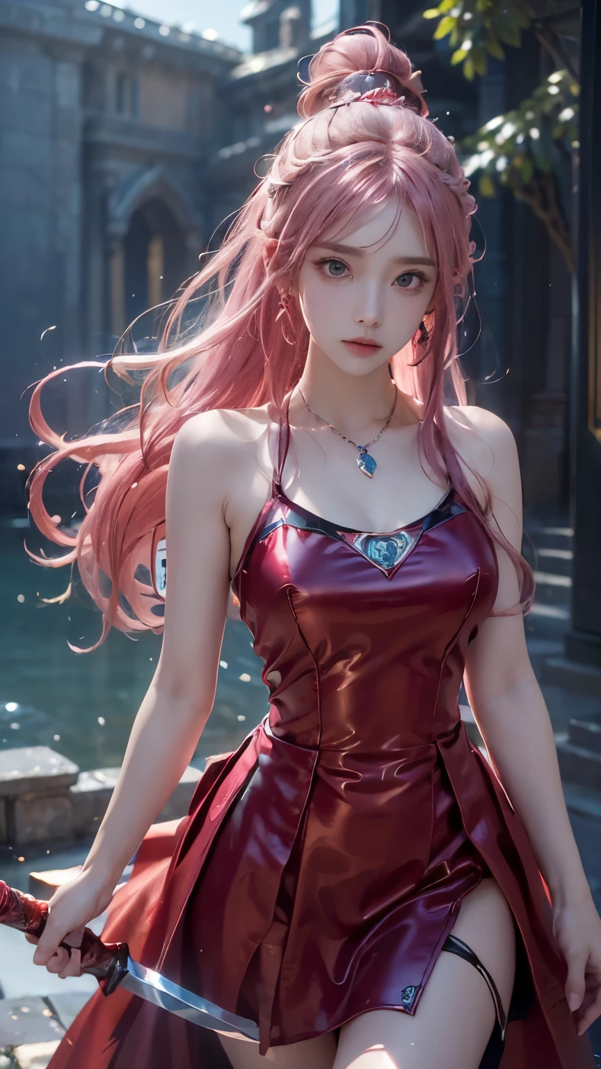 (logo、masterpiece、8k、Tabletop、RAW Photos、wonderful、最high quality、フォトリアルでVery detailedなCG統合8k壁紙、high quality、Very detailed、Narrative poem、Particle Effects、Dynamic Effects、Depth of text、Cinematic Light、Lens flare、Ray Tracing)、Fantasy、(One girl, arms, sword, Long Hair, dress, water, alone, jewelry, red dress, Earrings, hair ornaments, waterしぶき, Ultra-realistic upper body, Hair Bun, Pink Hair, Realistic city background, Lighting,Frank