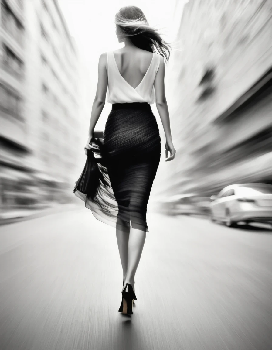 Motion blur, black and white close-up, white background, (back of a woman walking home in a hurry: 1.3),Hips，High-end black gauze skirt， tilt-shift of (focus on legs and high heels)，Moving traced rays，
Professional Fashion Photography, Super Macro, Long wavy hair with unusually rich and super fine textures, Poster style, Minimalist, Nikon, Hasselblad, Canon, Fuji, 16K, Street style, Beautifully detailed,illustration，Combining ink painting and photography，in style of Light painting,